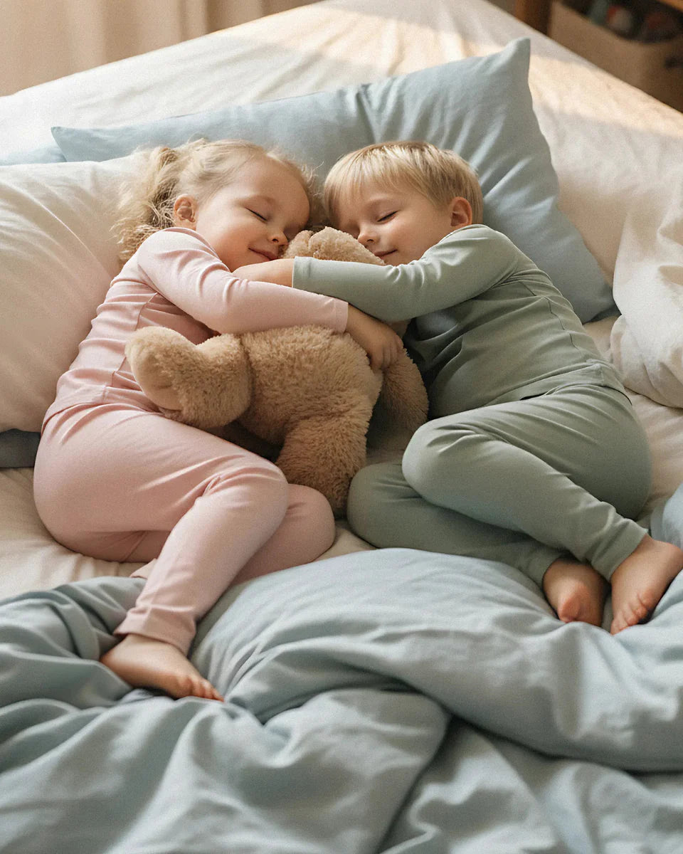 Two children, a girl and a boy, lying in bed with a teddy bear, surrounded by soft bedding and pillows.