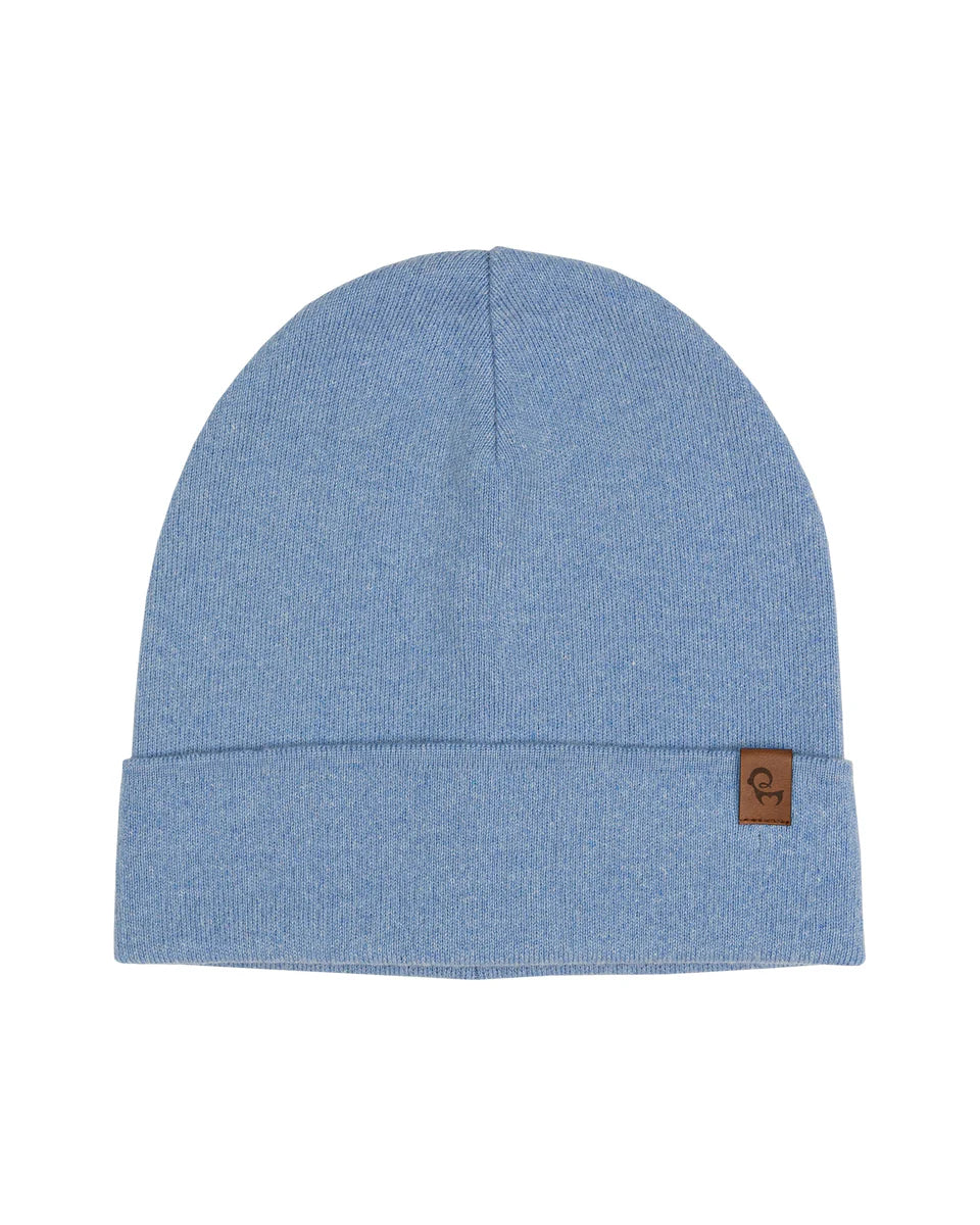 Blue beanie with a brown leather patch on a white background