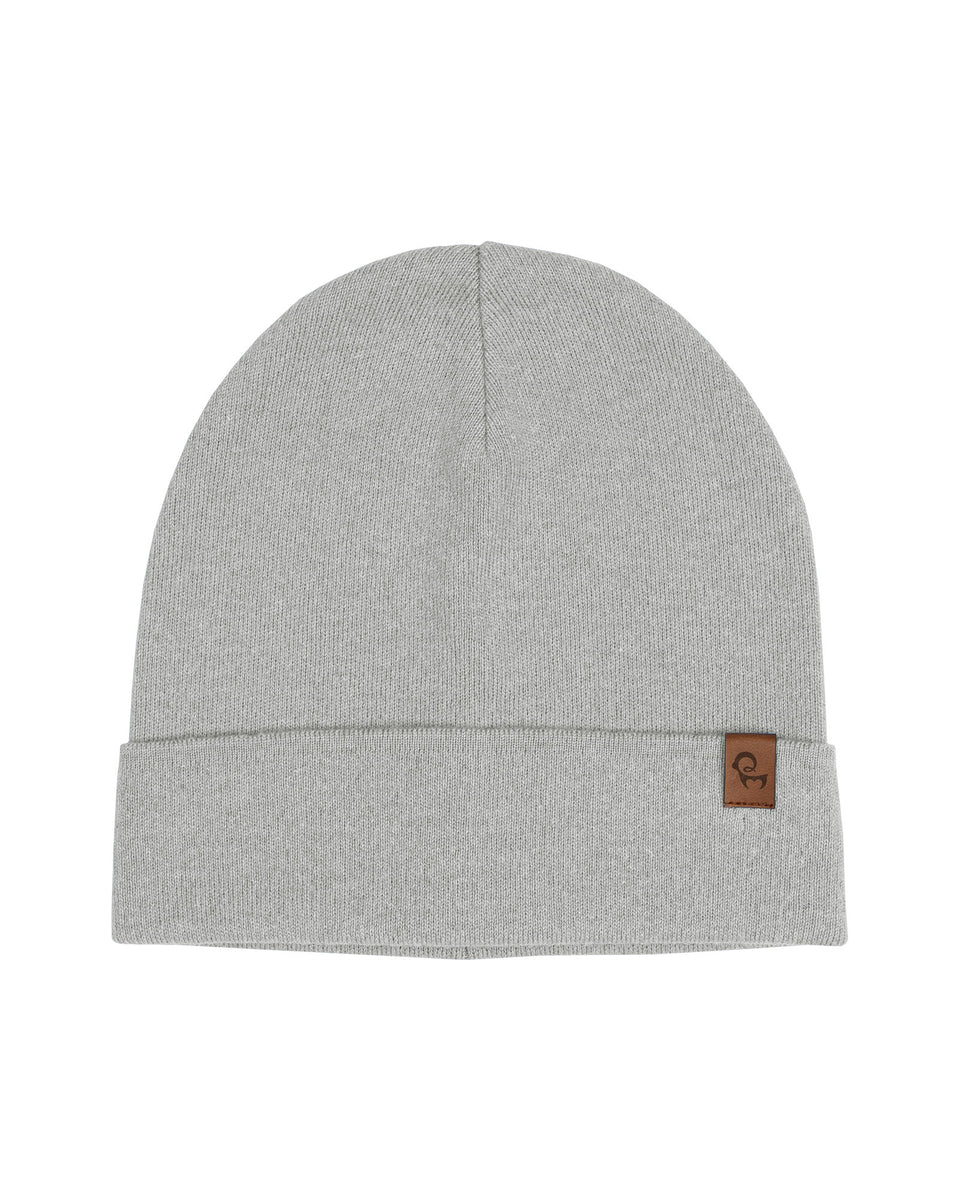 Gray beanie with a brown leather patch on a white background