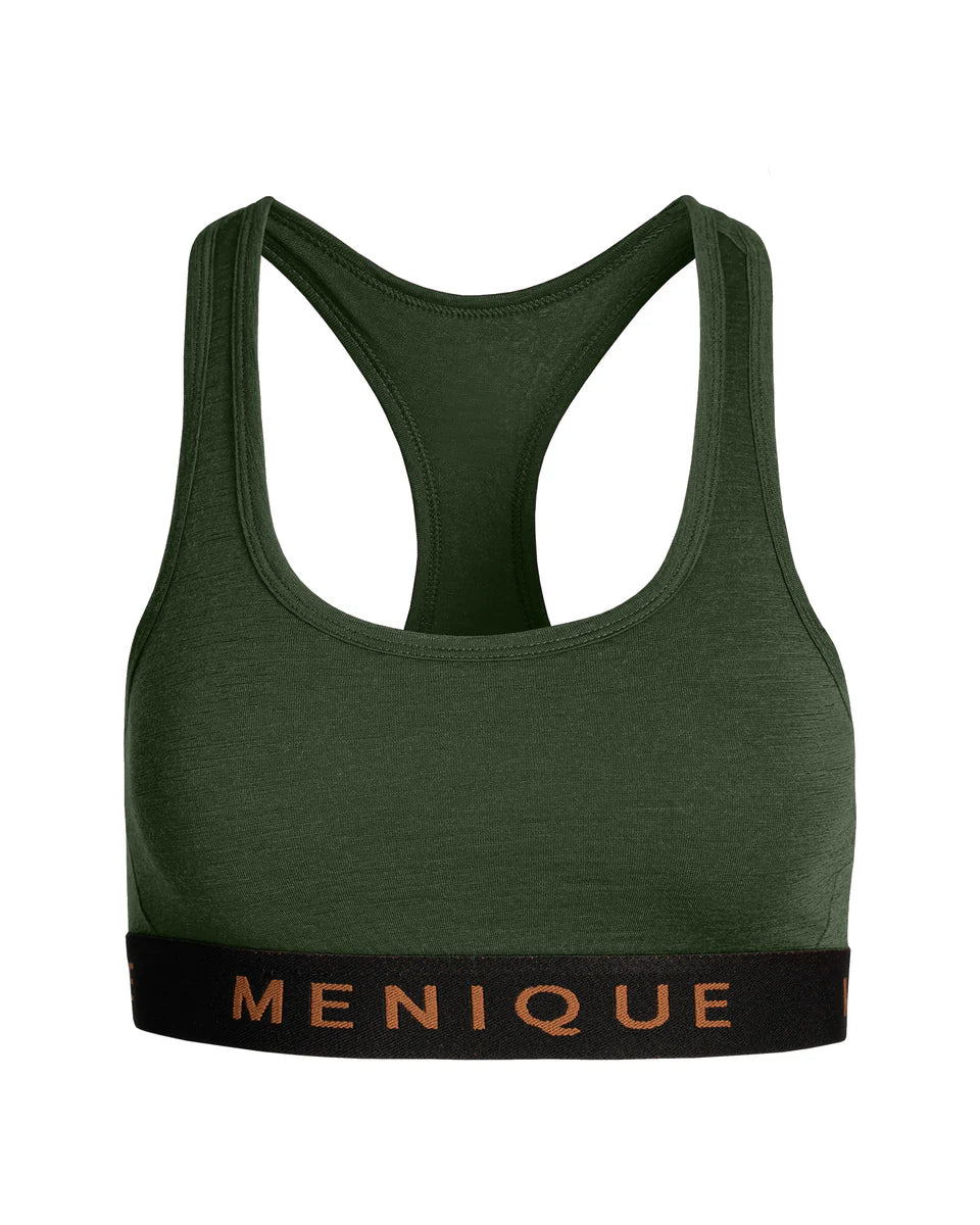 Green sports bra with 'Menique' branding on a white background