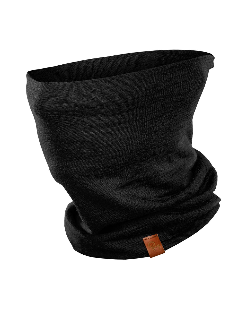 Black neck gaiter with a brown label on a white background