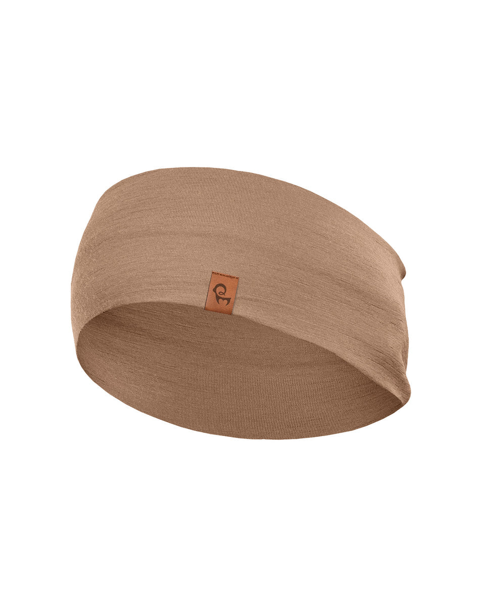 Beige headband with a brand logo on a white background