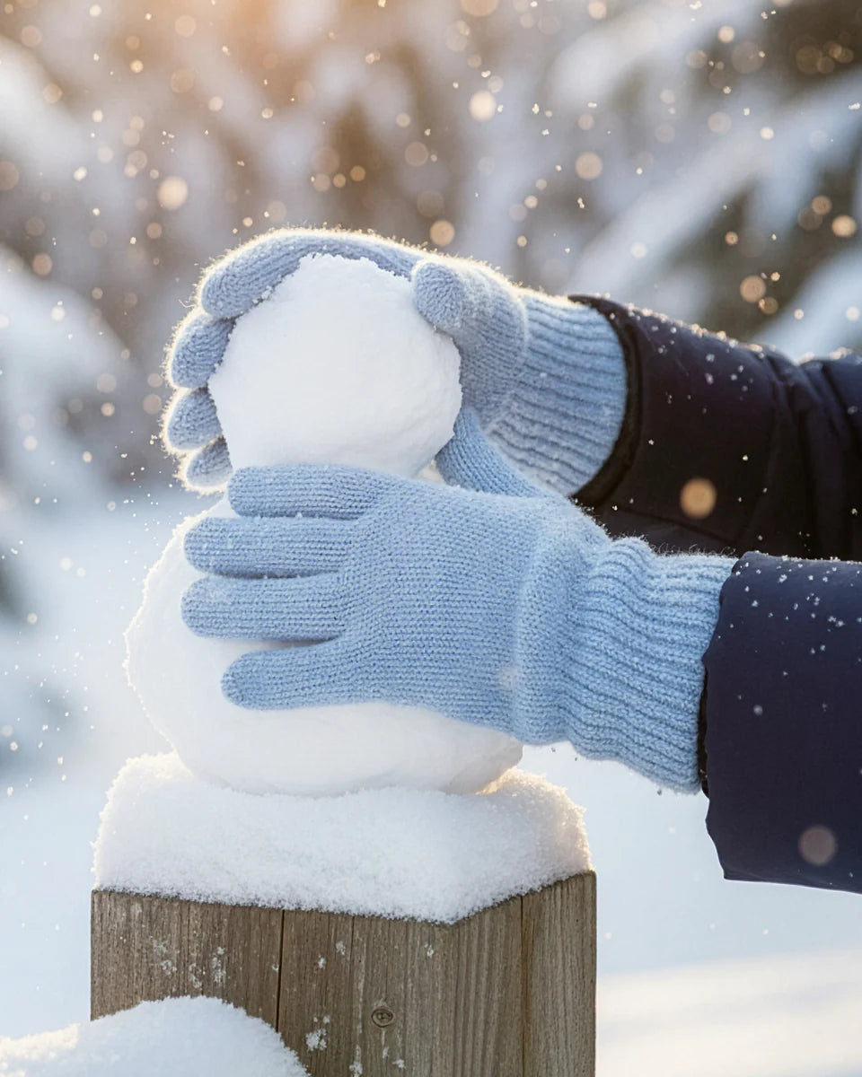 Person wearing blue gloves holding a snowball against a snowy background
