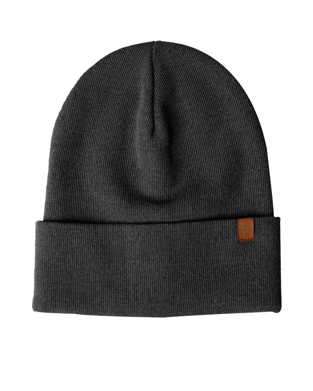 Dark gray beanie with a brown label on a white background