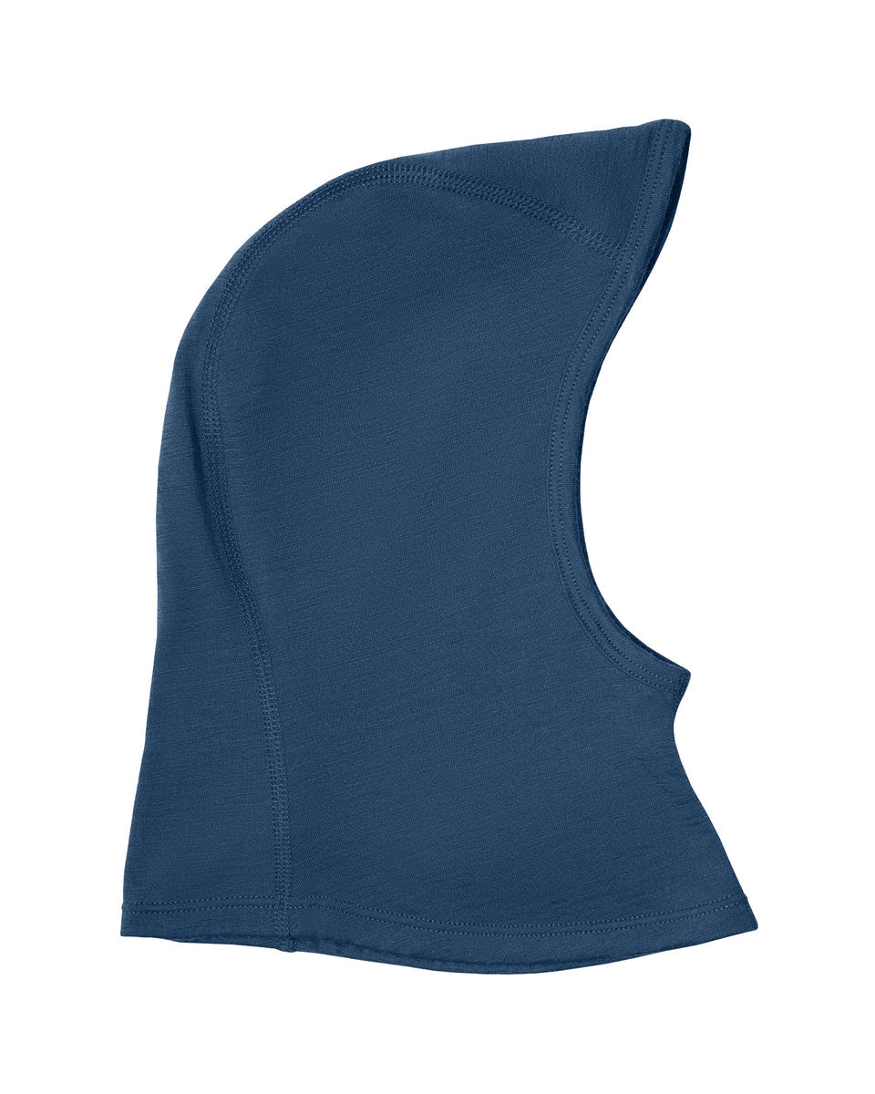 Denim-colored knitted merino balaclava for kids on a white background