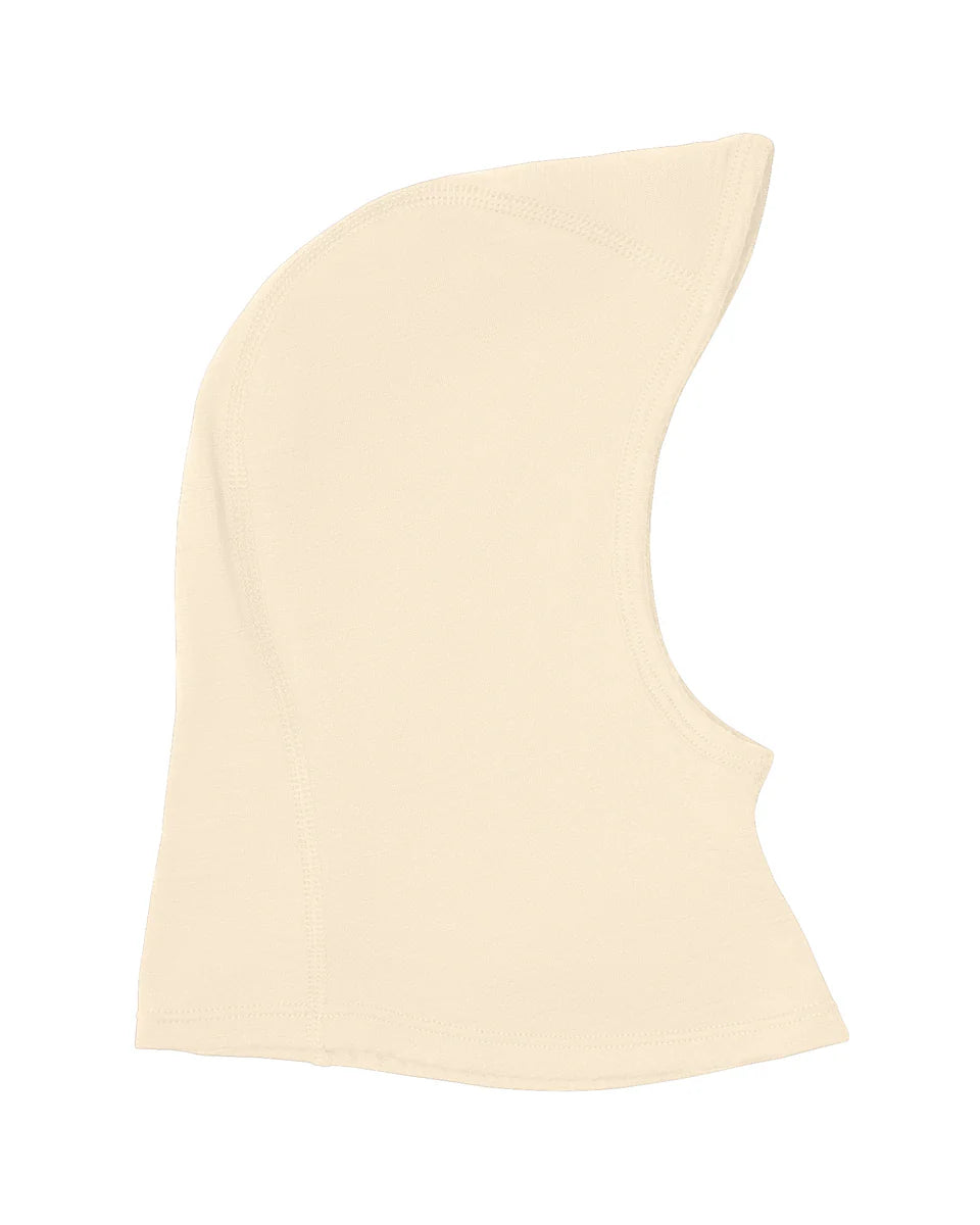 Natural-colored knitted merino balaclava for kids on a white background