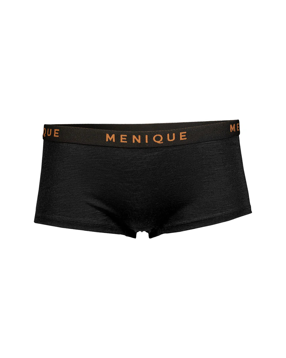 Black men's underwear with 'Menique' brand logo on a white background