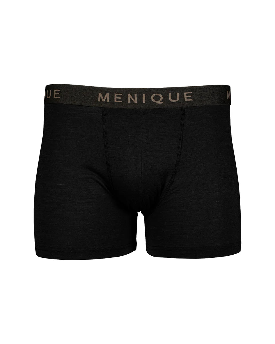Black men's underwear with 'Menique' waistband on a white background