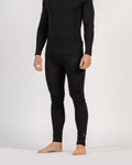 Person wearing black long-sleeve top and leggings on a white background