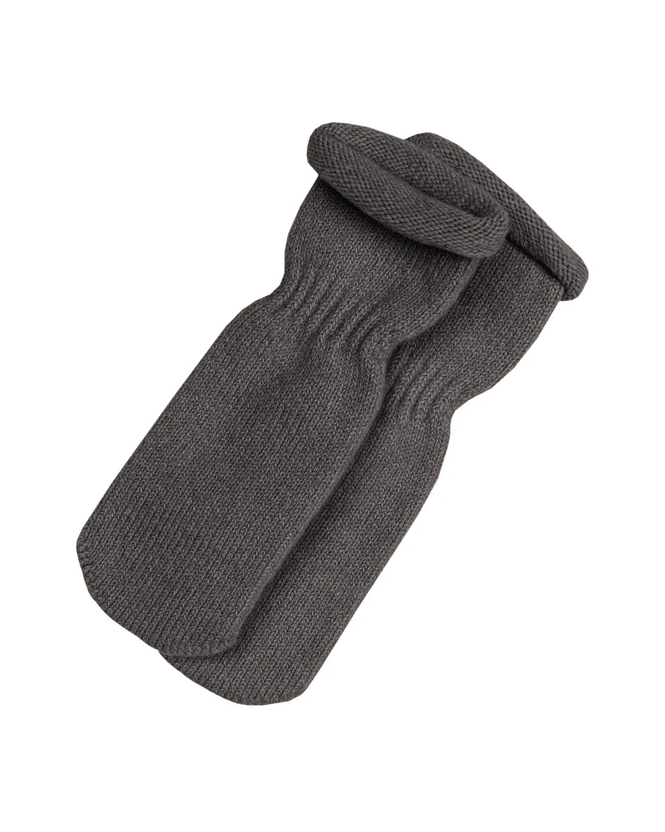 Dark gray knitted merino baby socks on a white background