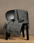 Gray blanket draped over a black chair against a neutral background